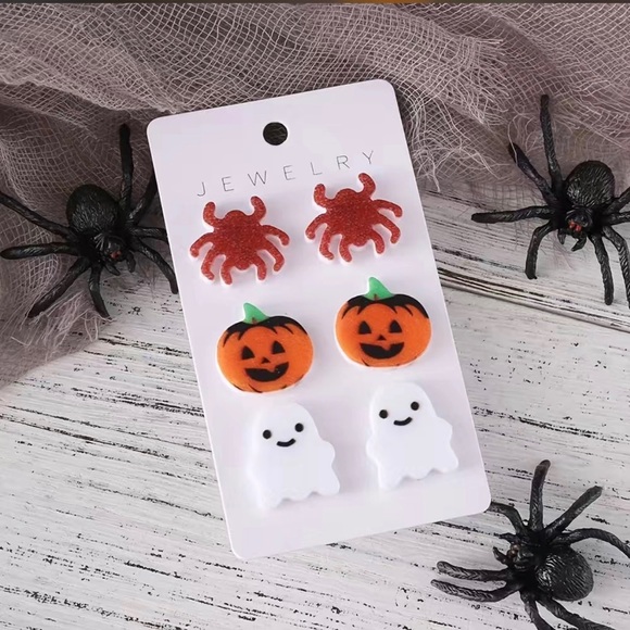 Set of 3 Halloween Earrings Spider Ghost Pumpkin Jack o Lantern - Picture 2 of 6
